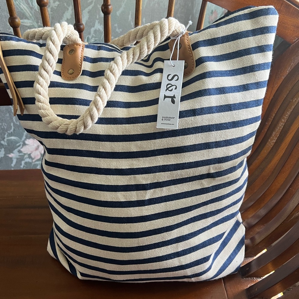 Summer & Rose Blue and Cream Striped Tote